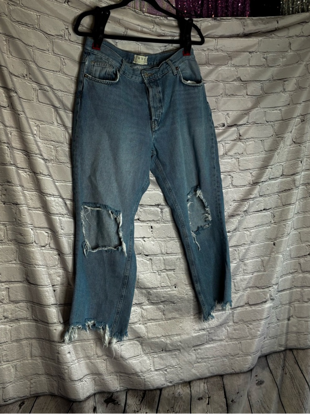 We The‎ Free Straight Jeans Women's 31 Blue Button Fly Mid Rise Crop Distressed